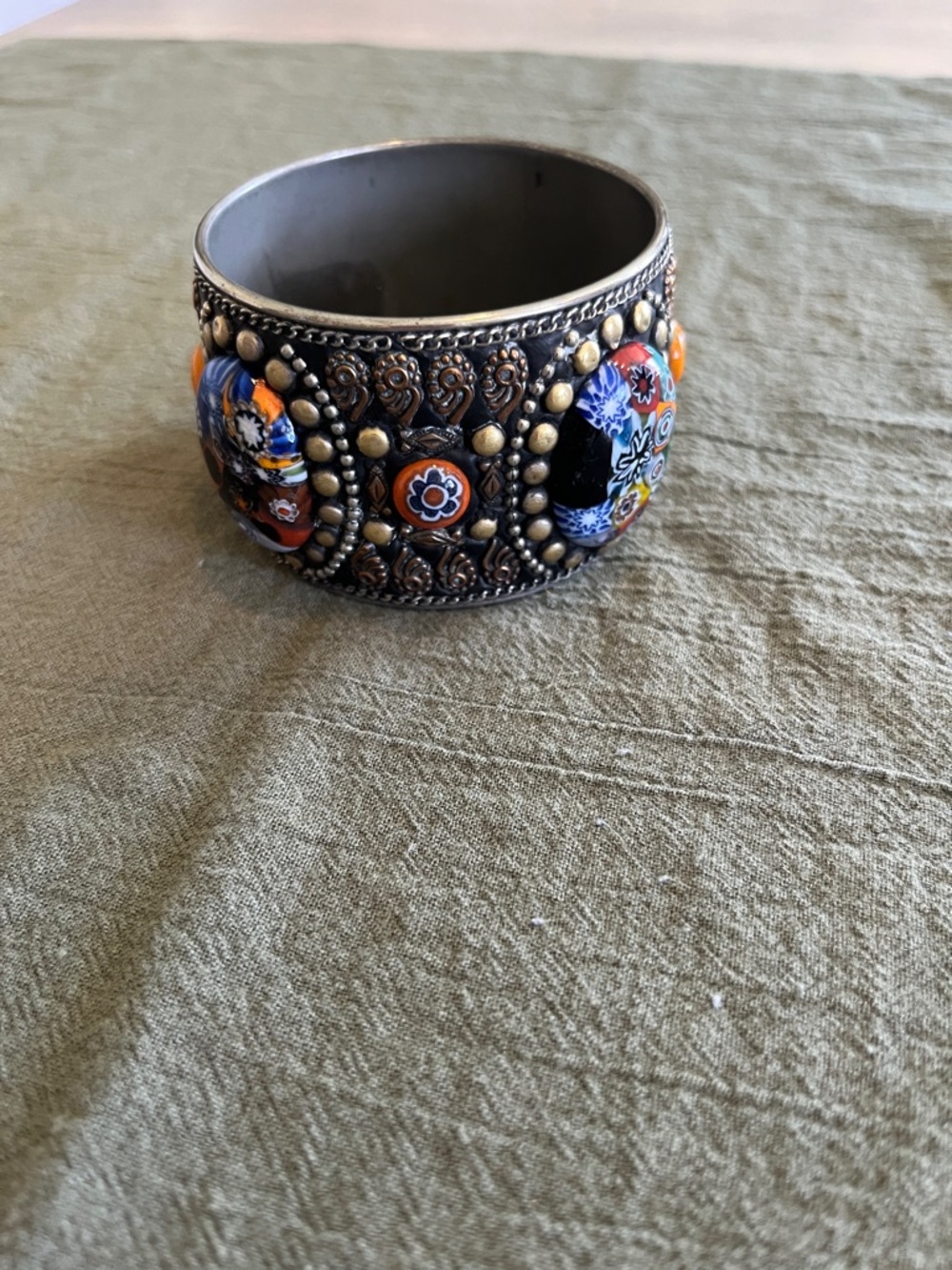 Beaded Floral Mosaic Wide Cuff Bracelet - Orange & Blue Accents